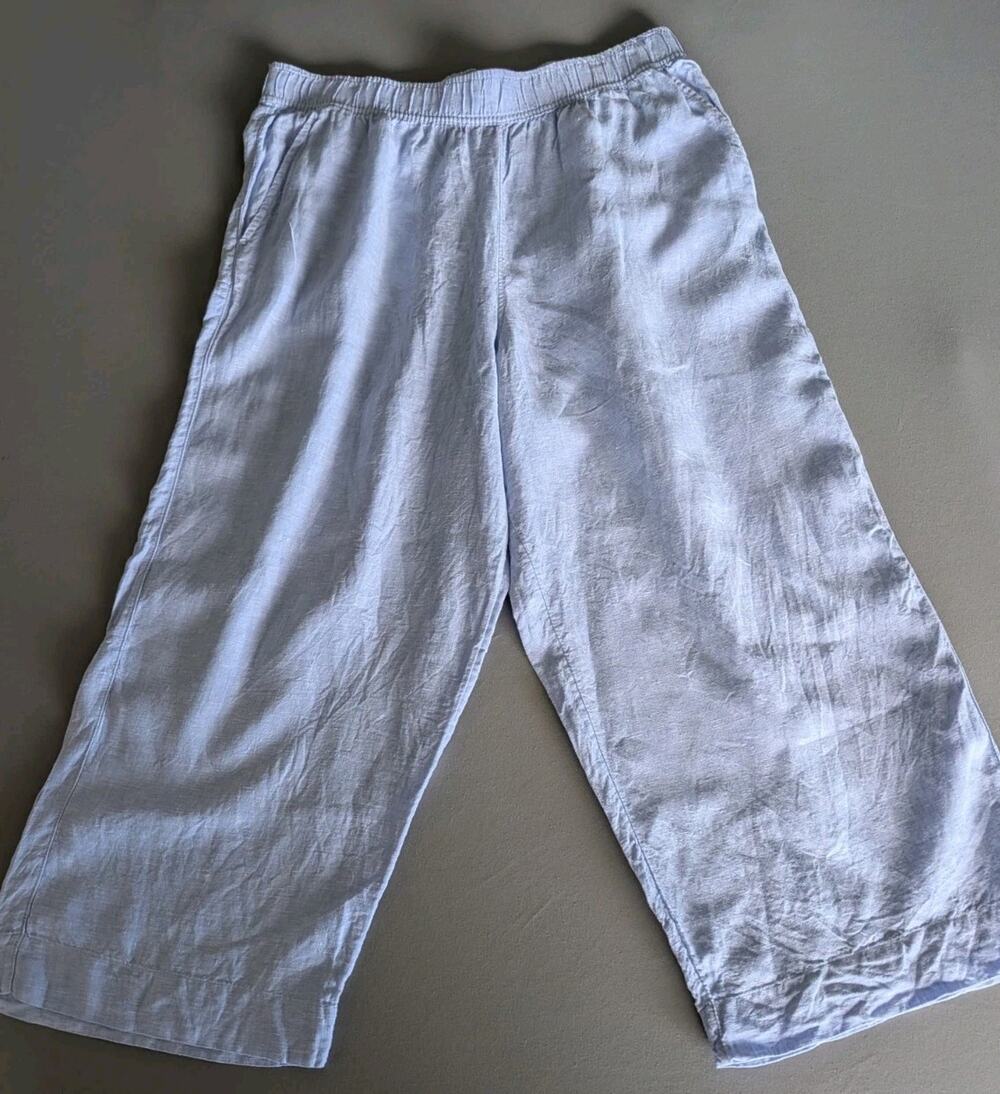 Tahari Women XL Light Blue Linen Wide Leg Pants Pull On Elastic Waist Cropped